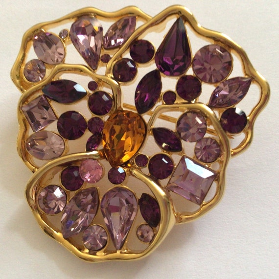 Nolan Miller Vintage Brooch.gold Tone.rhinestone Pink and Purple