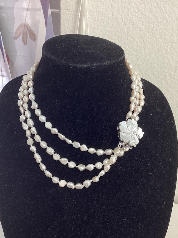 Collier Vintage 3 Rangs En Véritables Perles De Culture D’eau Douce Naturelles