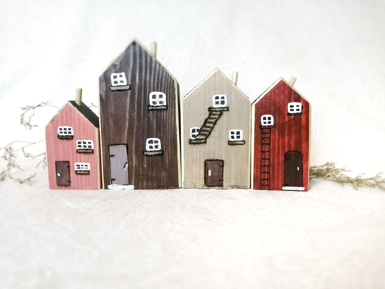 Set of 4 Small Cottages Wooden Village Ornaments for Shelf Etsy