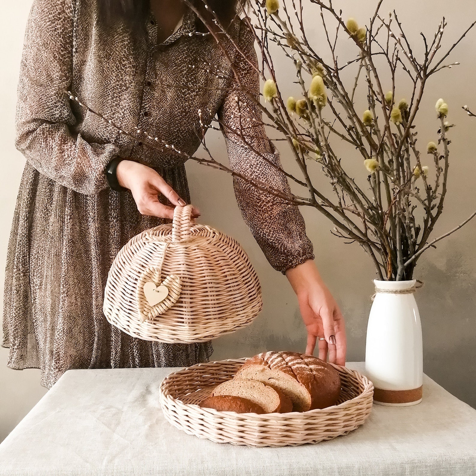 Beige wicker round bread basket woven Bread box storage with Etsy