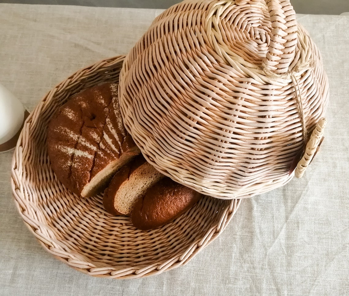 Beige wicker round bread basket woven Bread box storage with Etsy