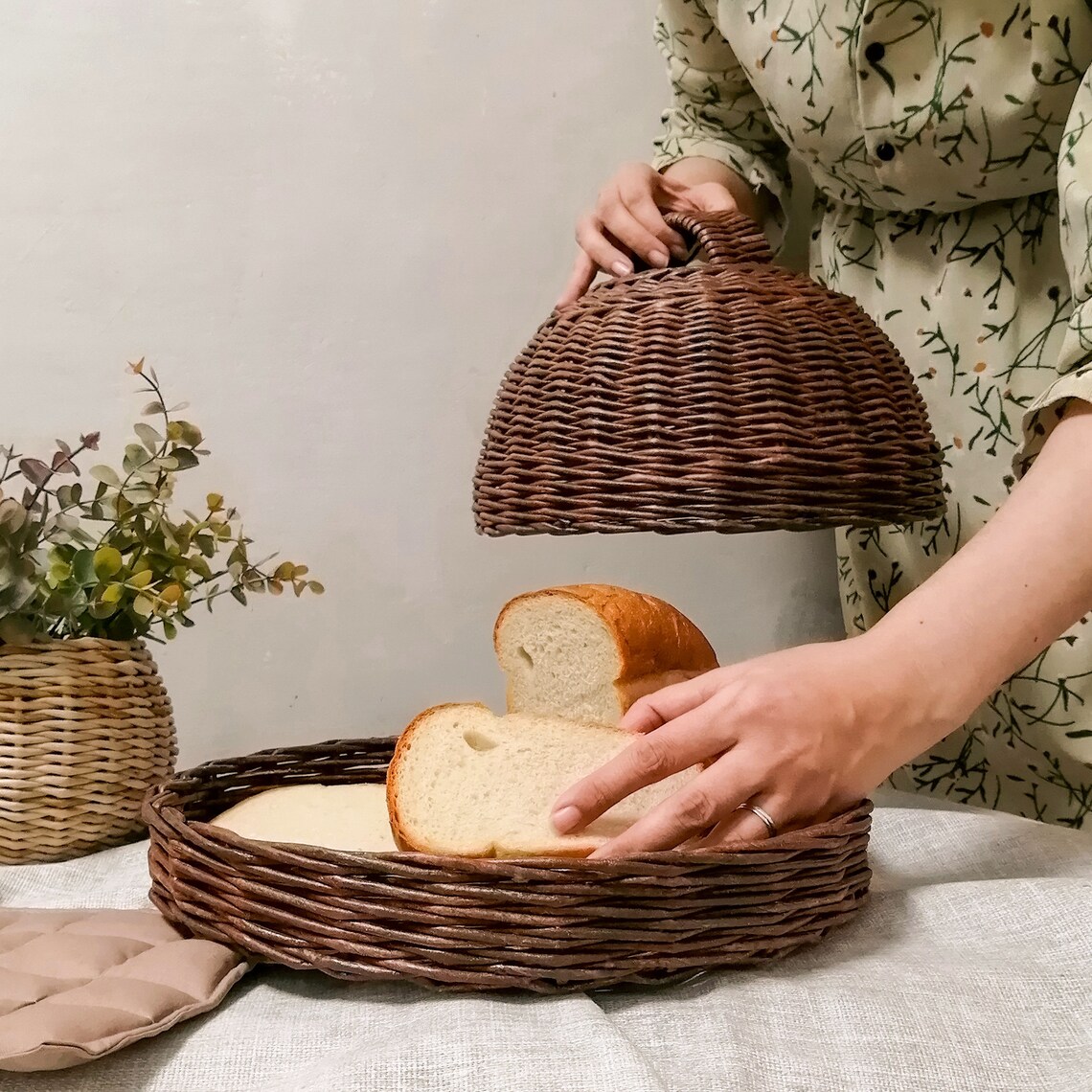 Brown wicker round bread basket woven Bread box storage with Etsy