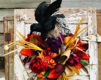 Halloween Pumpkin Wreath: Raven, Skeleton Skull, Gothic Floral Decor