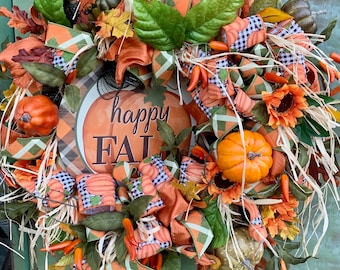 Fall Pumpkin Welcome Wreath for Front Door with Raffia, Burlap, and Harvest-Themed Accents - Handmade Unique Autumn Fall Porch Decor