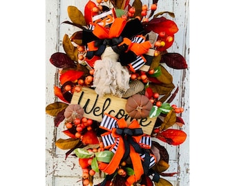 Halloween Mummy Wreath Swag: Fall Welcome Sign, Spooky Door Decor