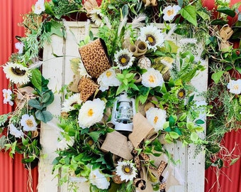 Cream Neutral Sunflower Lantern Wreath Garland Set for Front Porch Decor, Silk Flower Wedding Decor Entryway Package,