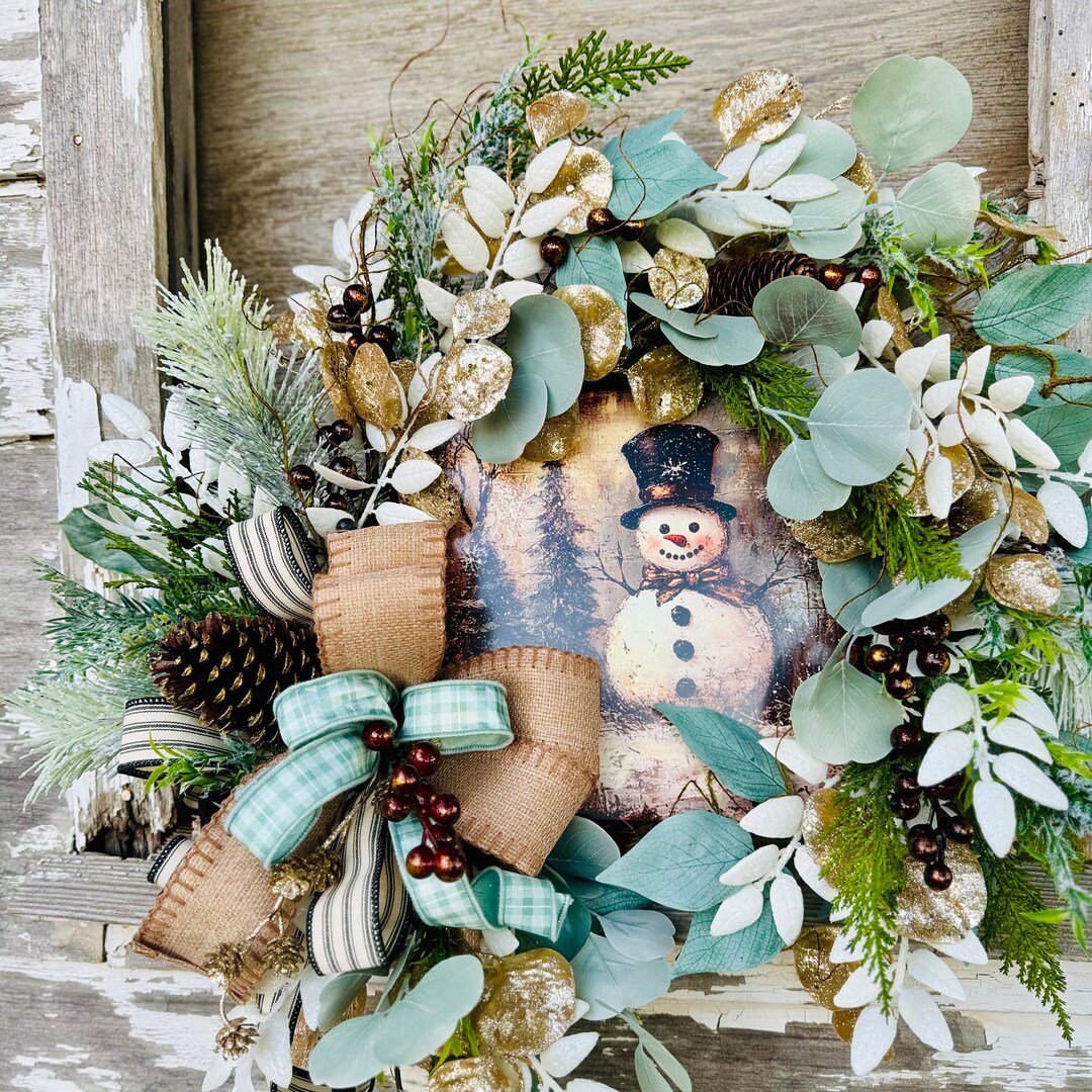 Vintage Victorian Christmas Snowman Wreath, Natural Looking Rustic ...