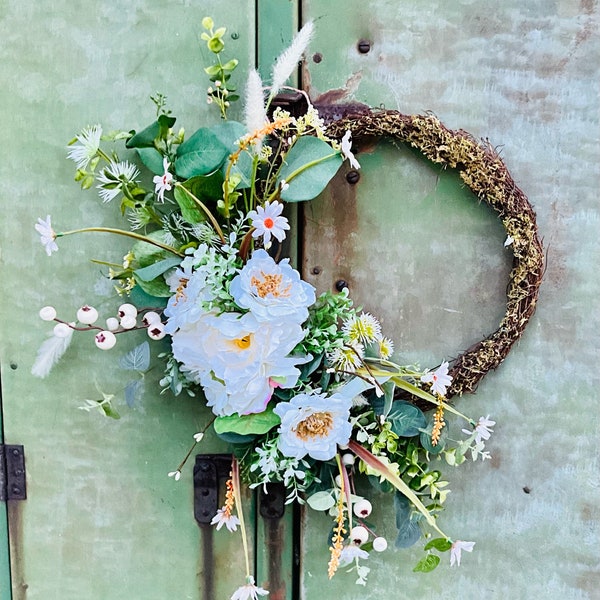 Fall Decor Small Moss Wreath with Autumn Florals & Greenery for Front Door, Unique Year Round  Home Decor for Handmade Housewarming Gift,