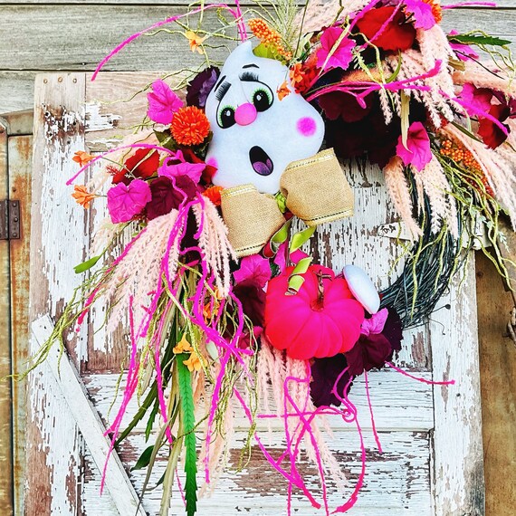 Pink Pumpkin Ghost Halloween Wreath: Festive Fall Door Decor