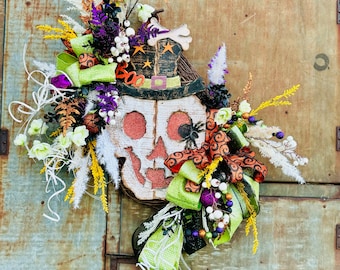 Sparkly Skeleton Head Halloween Wreath: Light-Up Gothic Entrance Decor