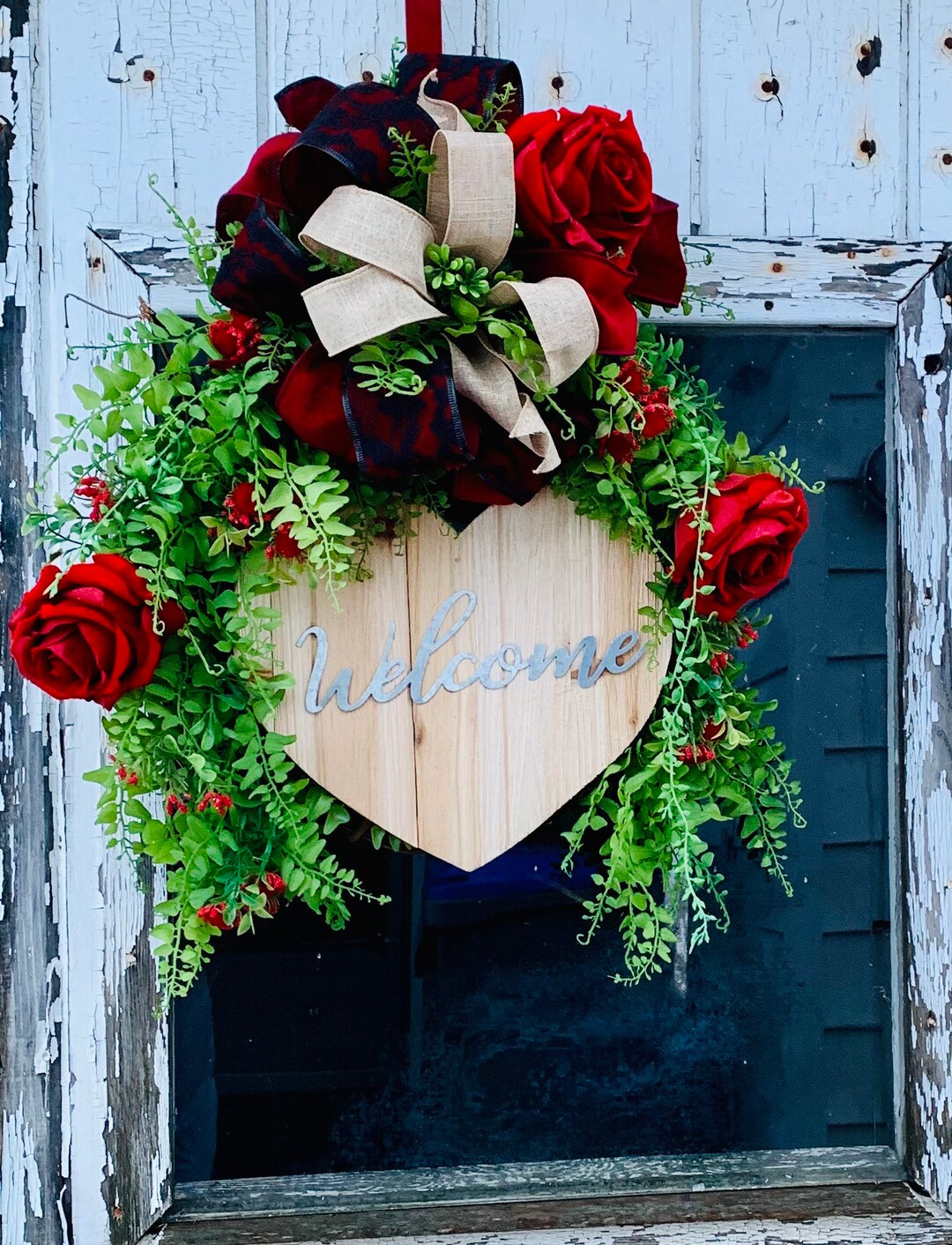 Red Floral Welcome Wreath for Front Door, Valentines Door Hanger ...