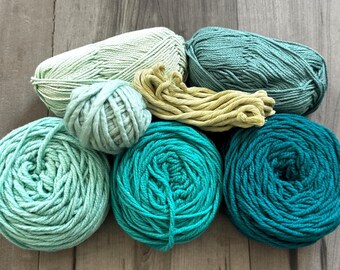 Aqua fiber pack: wool yarn, cotton string, cotton yarn, single & multiple-ply yarn lot for Weaving, Knitting, Crochet, Crafts
