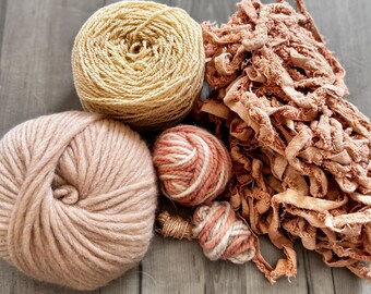 Peachy Pink fiber pack: naturally dyed wool yarn, cotton frizz ribbon, single & multiple-ply yarn lot for Weaving, Knitting, Crochet, Crafts