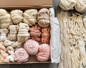 Natural & Blush fiber pack | pencil roving | merino wool yarn | cotton string | cotton cord | fabric strips for Weaving Crafts