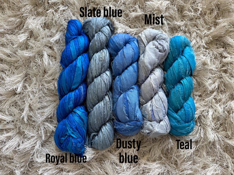 May include: Five skeins of ribbon yarn arranged side by side in shades of royal blue, slate blue, dusty blue, mist, and teal. Each skein features a textured, crinkled appearance with the color names printed above or below each specific yarn.