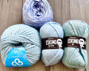 Blue Skies fiber pack: wool yarn, cotton tape yarn, single & multiple-ply yarn lot for Weaving, Knitting, Crochet, Crafts