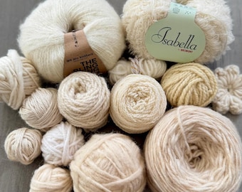 Neutral fiber pack: lot of wool yarn, eyelash yarn, We Are Knitters Bling Bling yarn for Weaving, Knitting, Crochet, Crafts