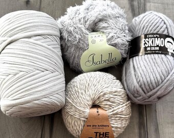 Neutral fiber pack: lot of wool yarn, t-shirt yarn, eyelash yarn, We Are Knitters Baby Wool for Weaving, Knitting, Crochet, Crafts