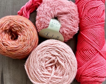Bright Pink fiber pack: wool & eyelash yarn, cotton string, single and multiple-ply yarn lot for Weaving, Knitting, Crochet, Crafts