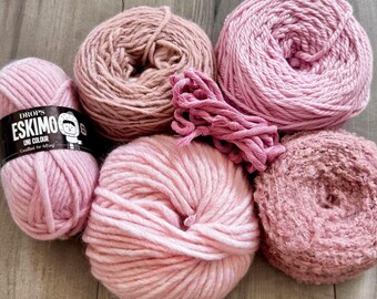 Soft Pink fiber pack: wool yarn, boucle yarn, cotton string, single and multiple-ply yarn lot for Weaving, Knitting, Crochet, Crafts