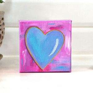 Blaues Herz Abstraktes Bild: Mini Acrylbild mit Glitzerakzenten (10 x 10 cm)