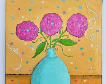 It's A Great Life Flowers In Vase Painting On Canvas 8x10 Original Flower Wall Art With Textured Background By Maria Vidaurre Floral Decor