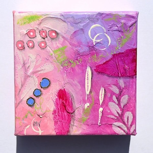 Modern Abstract Painting: Pink and Purple Floral, 4x4 Canvas