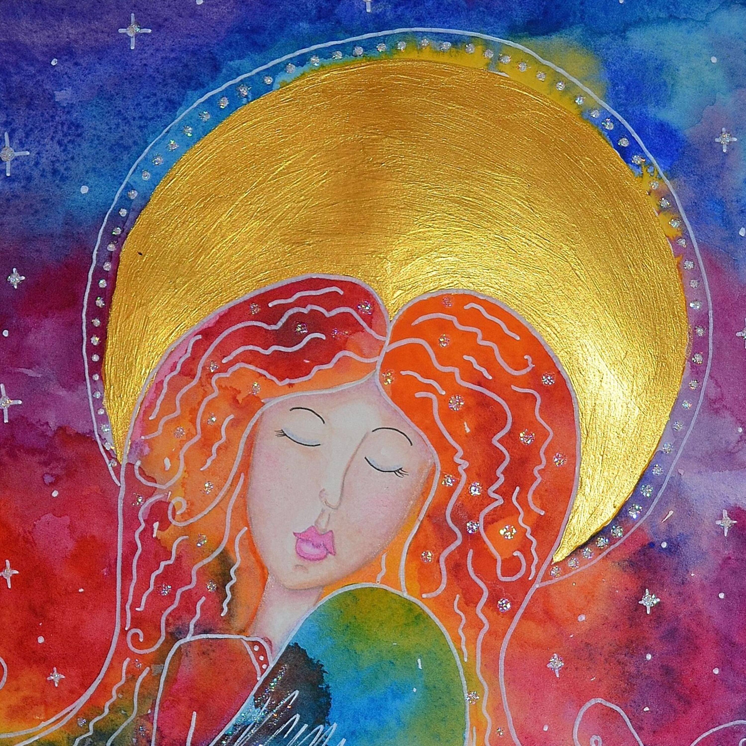 天使の水彩画 オリジナル天使の水彩画：カラフルなホームデコレーション、9 x 12