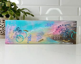 Origineel abstract acrylschilderij: kleurrijke plankdrager, canvas van 4 x 12
