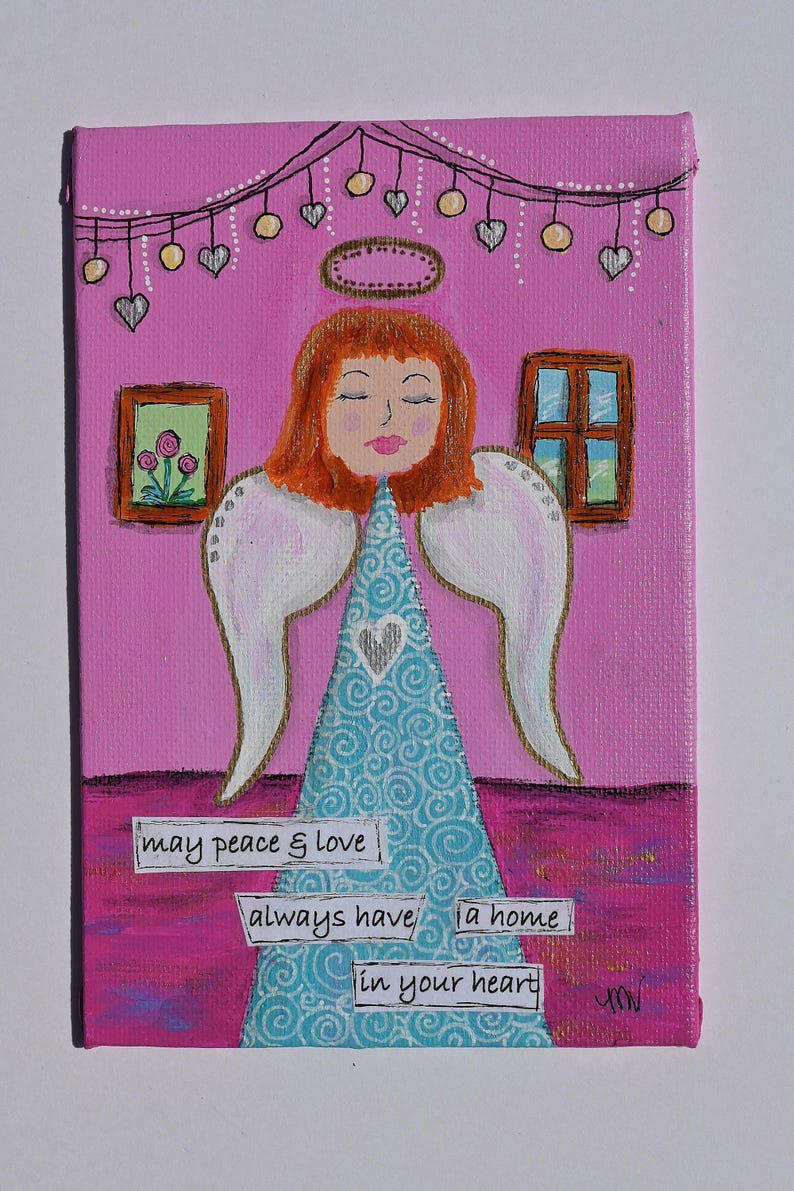 Whimsical Angel Painting, 4x6 Acrylic on Canvas Panel, Christian Gift