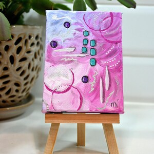 Mini Pink Abstract Painting with Easel: Original Acrylic Art on 3x4 Canvas