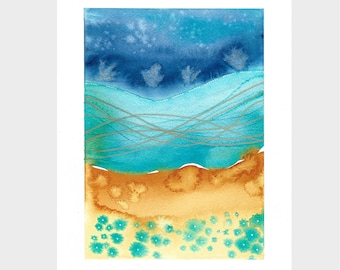 Original Abstract Watercolor Painting, Coastal Blue Gold Wall Art, Ocean Inspired Decor, Ocean Daydreams