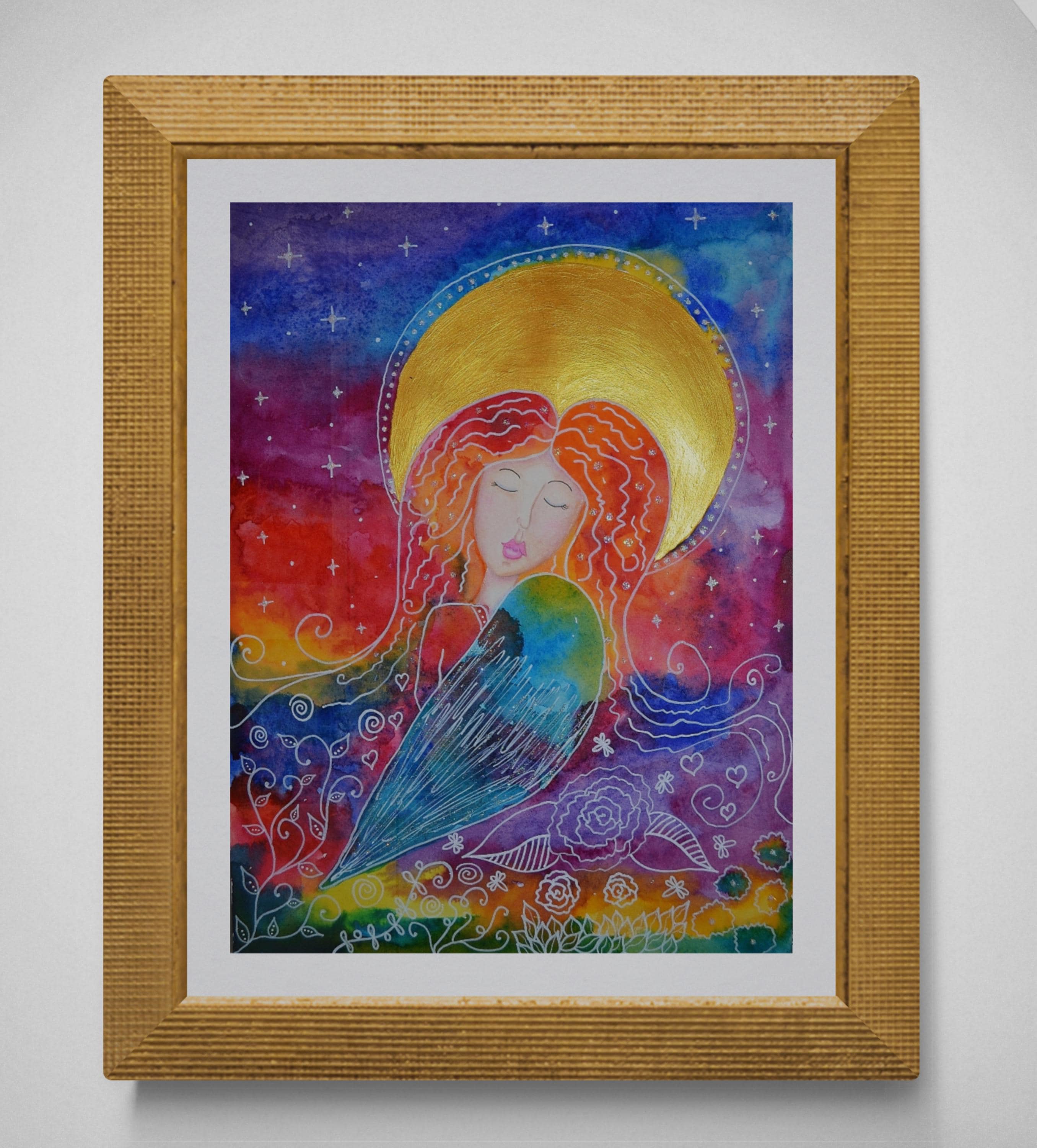 オリジナル天使の水彩画：カラフルなホームデコレーション、9 x 12