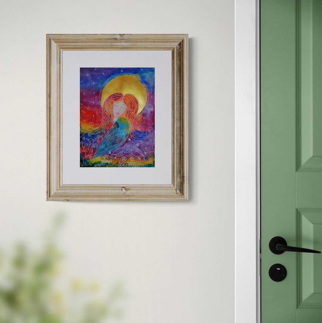 天使の水彩画 オリジナル天使の水彩画：カラフルなホームデコレーション、9 x 12