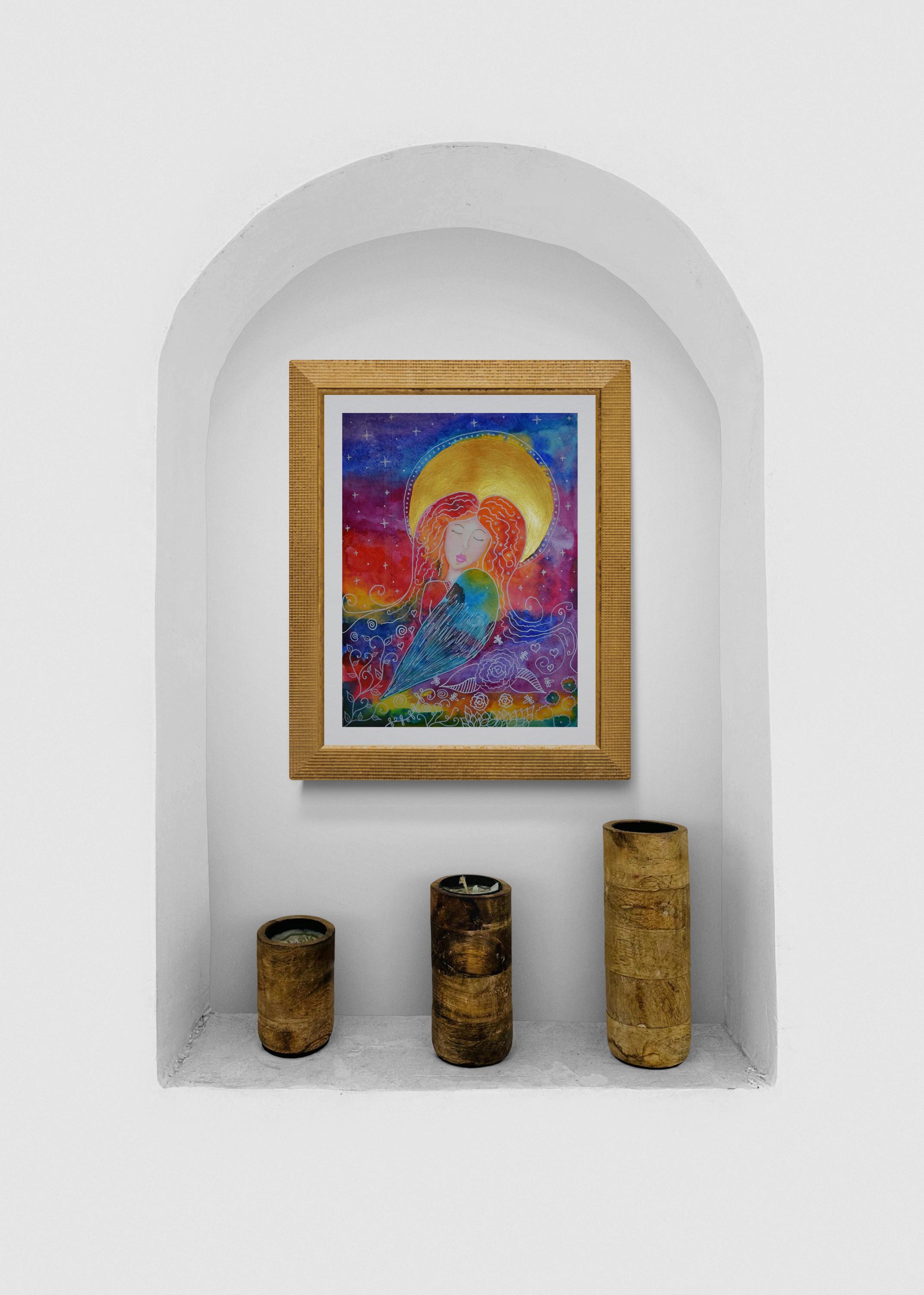 オリジナル天使の水彩画：カラフルなホームデコレーション、9 x 12