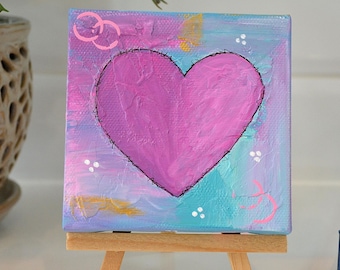 Original Pink Heart Mini Painting with Easel, Whimsical Love Art, 4x4 Canvas Decor