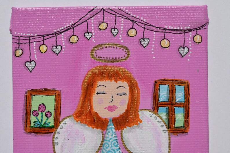 Whimsical Angel Painting, 4x6 Acrylic on Canvas Panel, Christian Gift