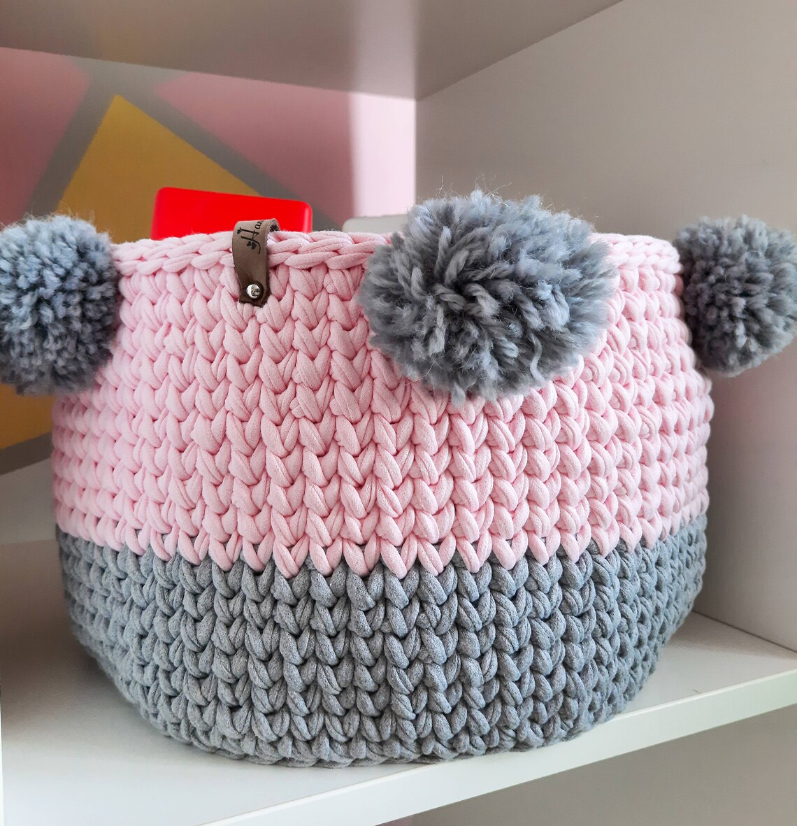 Pink and Grey Set Storage Baskets Basket For Toys Knitted Etsy