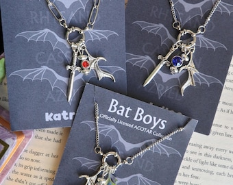 ACOTAR Officially Licenced Bat Boys Charm Necklace, Stainless Steel Pendant Necklace, Crystal Pendant, Azriel Rhysand Cassian, Bookish Merch