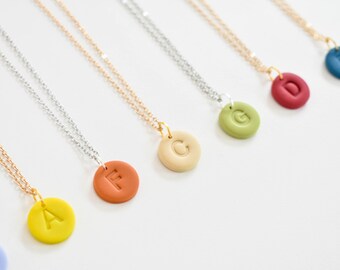 Personalized Polymer Clay Initial Silver Gold Necklace Pendants, Name Personalisation Gift, Small Dainty Minimal Colourful Circle Chain