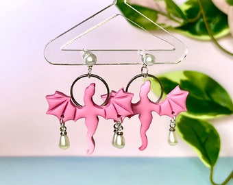 Pink Pearl Dragon Dangle Earrings, Polymer Clay Surgical Steel, Valentines gift, Handmade bookish earrings, Fantasy Gothic Jewellery, Unique