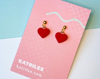 Small Red and Gold Heart Polymer Clay Dangle Earrings,Valentines Love, Minimalist Jewellery, Simple Stud