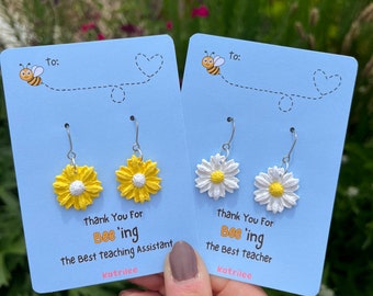 Thank You Teacher Gift Flower Earrings, Teaching Assistant Gift, Personalised Handmade Daisy Earrings, Polymer Clay Spring White and Yellow