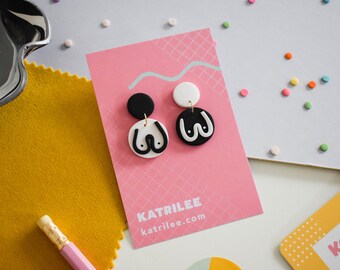 Polymer Clay Boob dangle Stud Earrings, Monochrome Black and White, Feminist, Pro Choice, Breastfeeding Gift, Breast Cancer Awareness