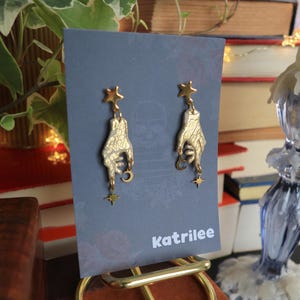 Celestial Gold Hand Moon and Star Dangle Earrings, Witchy Tarot Style Stainless Steel Earrings, Fantasy Gothic Gift, Bookish Jewellery
