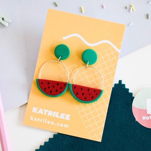 Watermelon Polymer Clay Hoop Stud Earrings. Fruit Kawaii Summer medium sized hoops with stud backs. Unique gift For Her