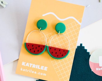 Watermelon Polymer Clay Hoop Stud Earrings. Fruit Kawaii Summer medium sized hoops with stud backs. Unique gift For Her