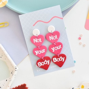 Not Your Body Polymer Clay Dangle Earrings, Pink Red planned parenthood Statement Drop earrings, women’s rights, Pro Choice Feminist
