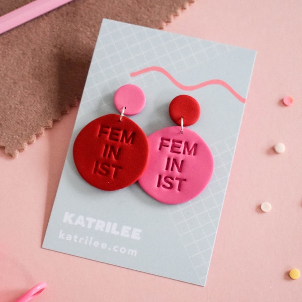 Feminist Polymer Clay Dangle Earrings, Pink and Red Statement Drop earrings, Social Justice, Mismatched Earrings quirky earrings, Pro Choice