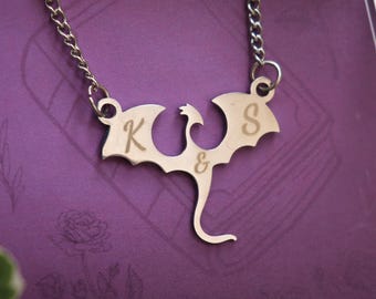 Personalized Dragon Monogram Necklace: Silver Gold Wyvern Pendant